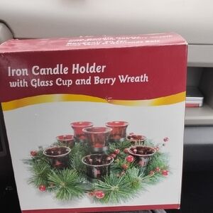 Iron Candle Holder with Glass Cup and Berry Wreath